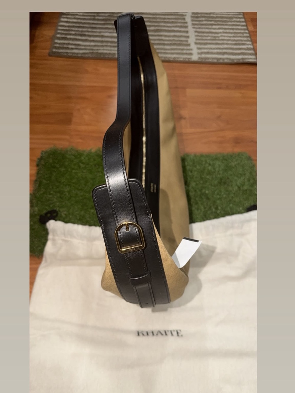 KHAITE Tan Canvas Crescent Bag with Black Leather Trim - Picture 3 of 7